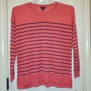 Talbots Coral and Navy Striped V-Neck Sweater Petite Large